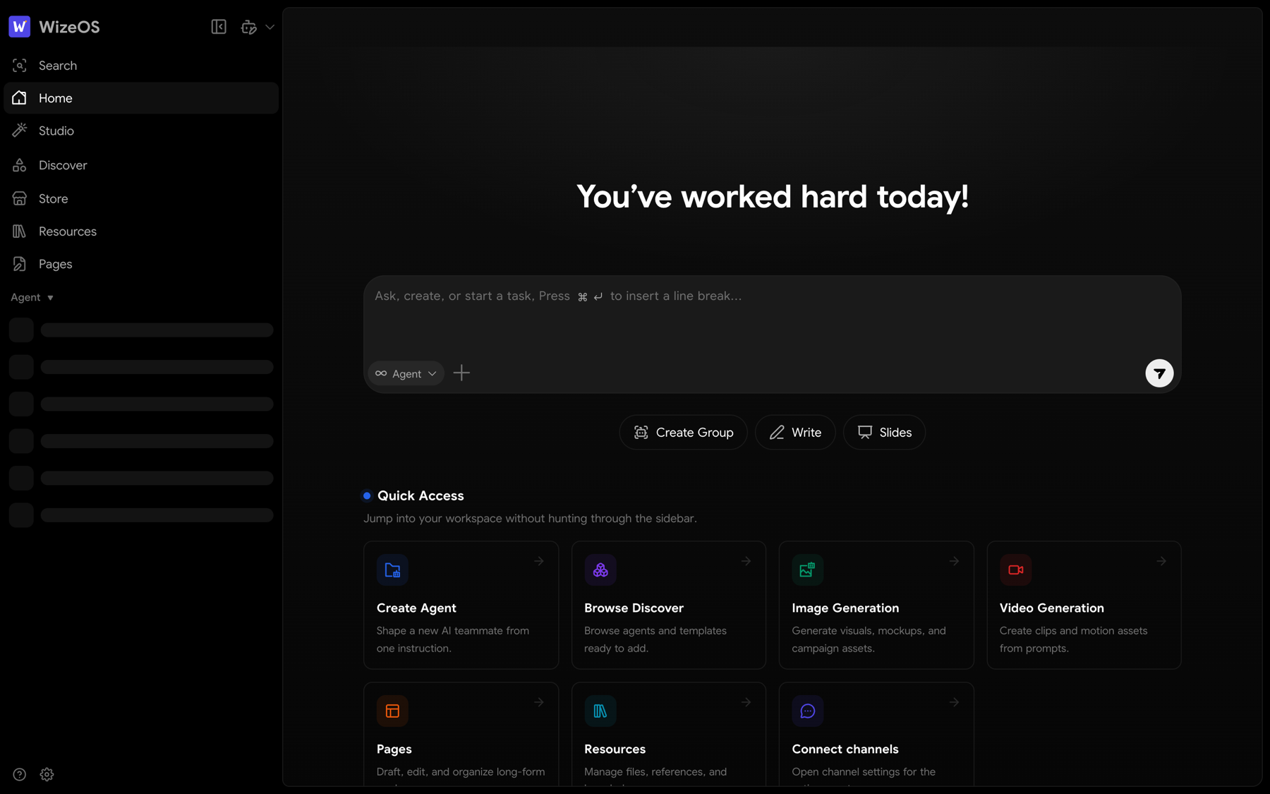 WizeOS workspace command center with universal task input and quick access